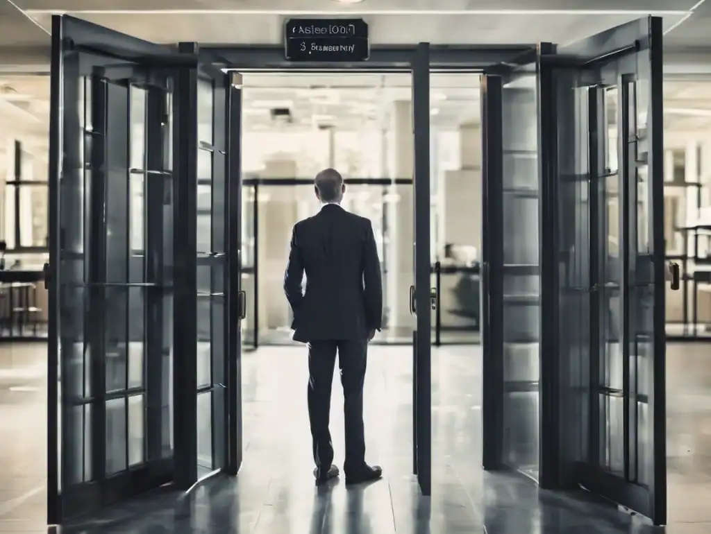 Man in a suit standing in the doorway of an office building, symbolizing decision-making in an asset sale vs stock sale scenario