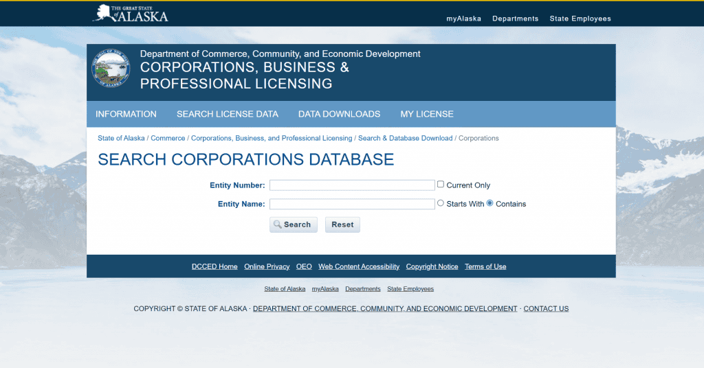 Screenshot of the Alaska state business entity search page