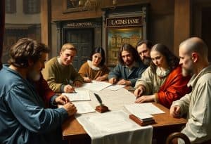 Historical image of several men sitting at a table reviewing a paper document, representing the concept of starting an LLC in Washington​