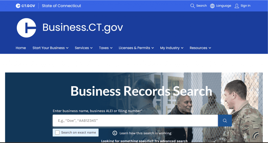Screenshot of the Connecticut Business Entity Search Tool