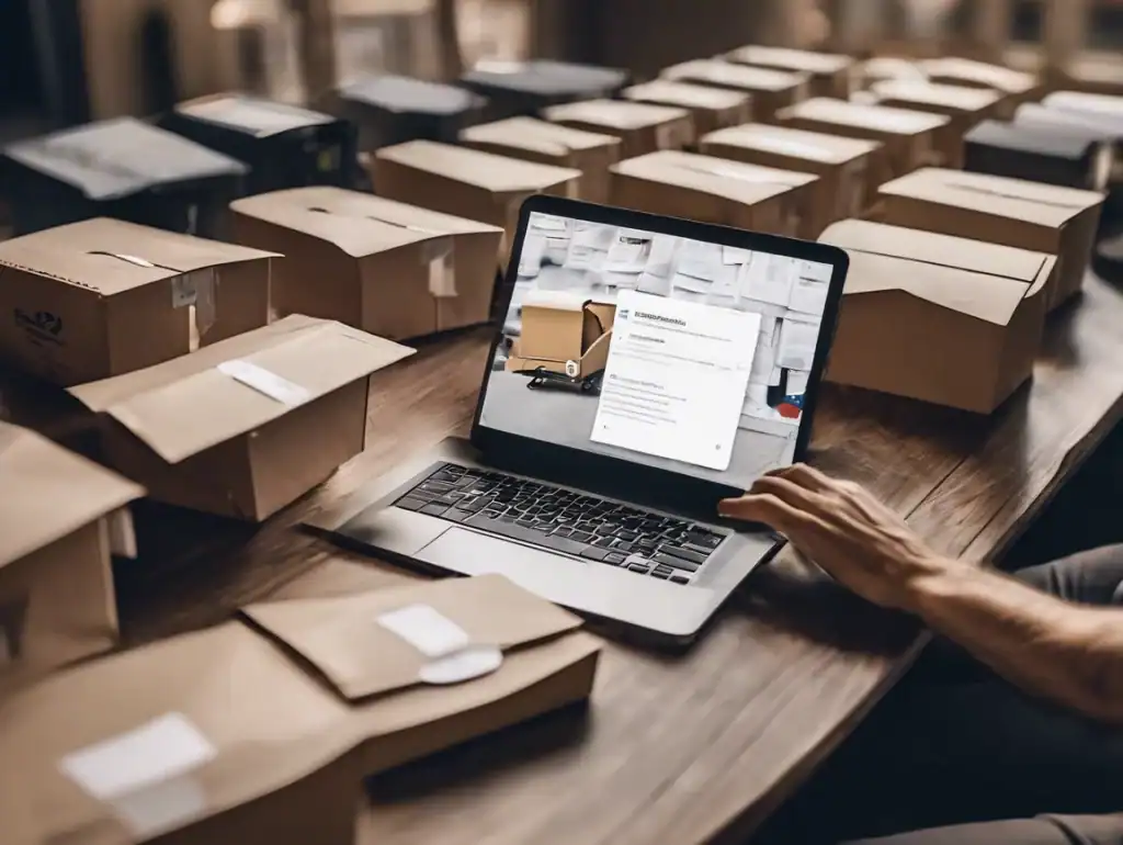 Image of a laptop sitting in a mailroom