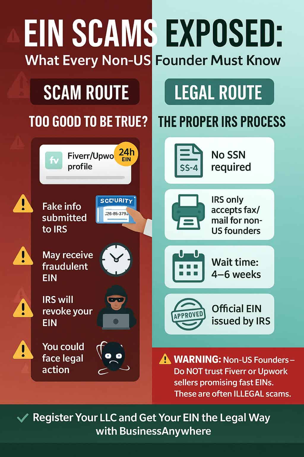 Infographic comparing EIN scams vs legal EIN process for non-US founders