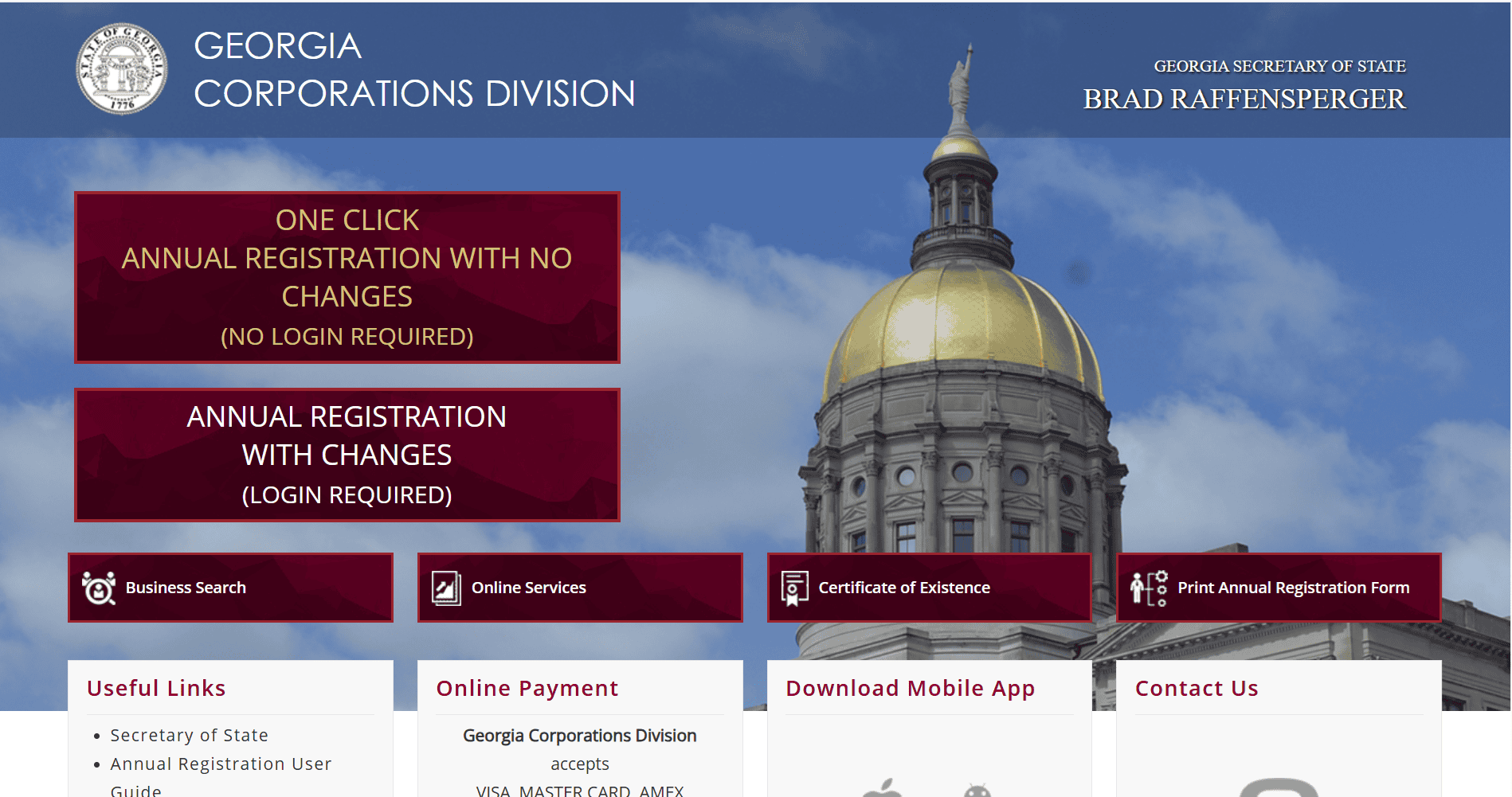 Screenshot of the Georgia Corporations Division website