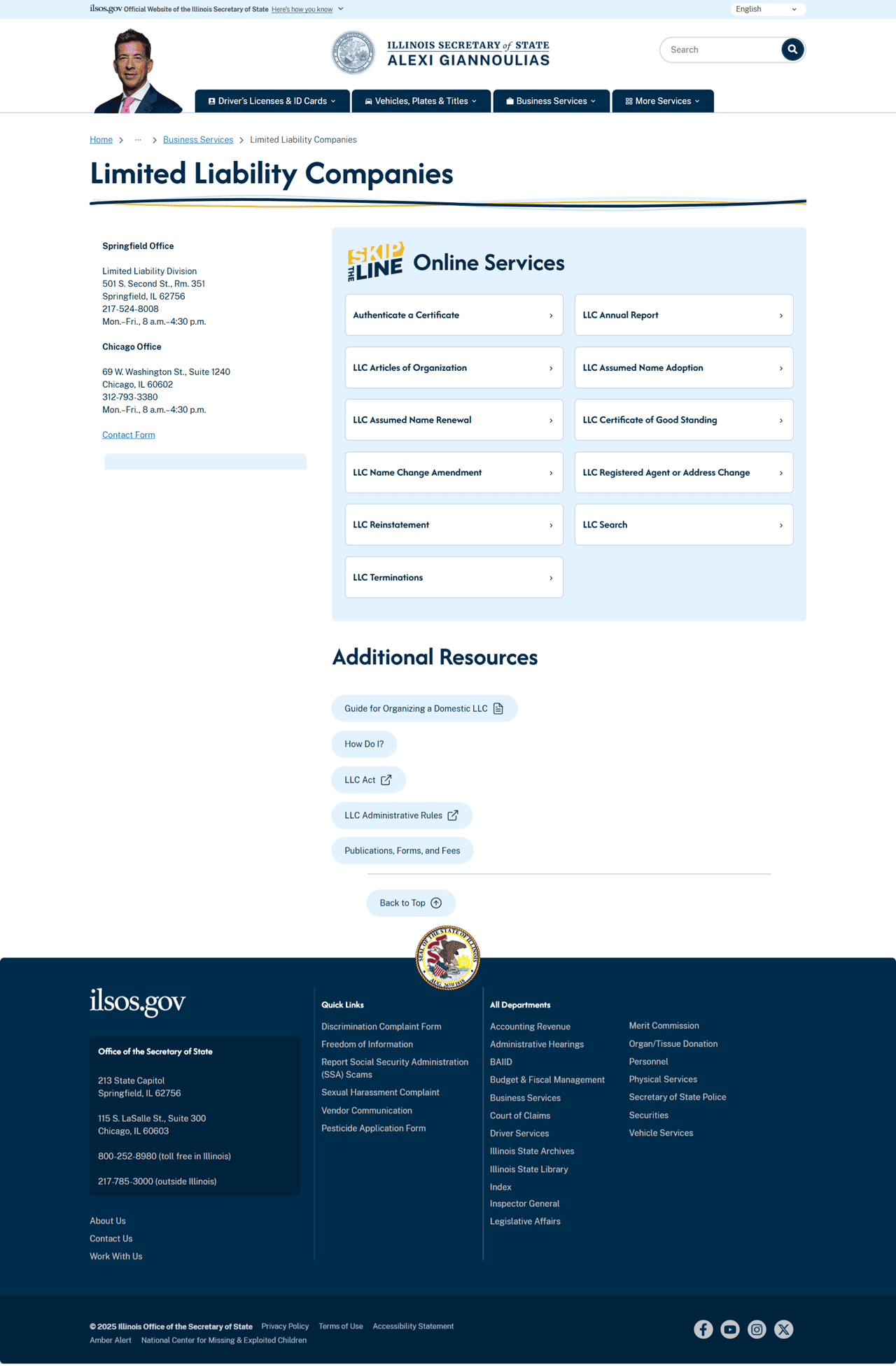 Limited liability company online services for LLC certificate, LLC Articles, renewal, change, and registered agent on Illinois Secretary of State website.