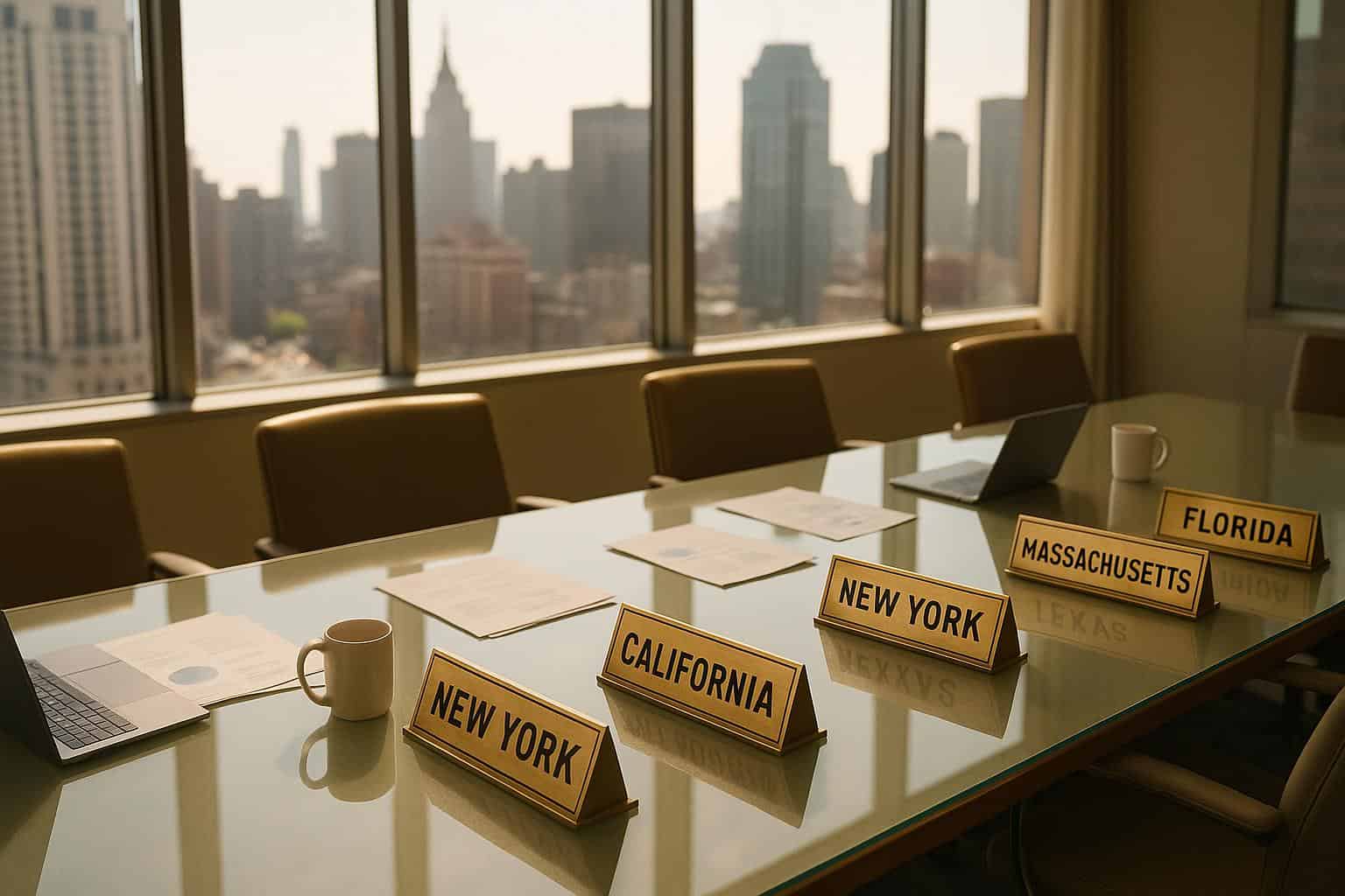 Remote work conference table with city skyline, laptops, coffee mugs, and state name placards including New York, California, Massachusetts, Florida - Business Anywhere office setup.