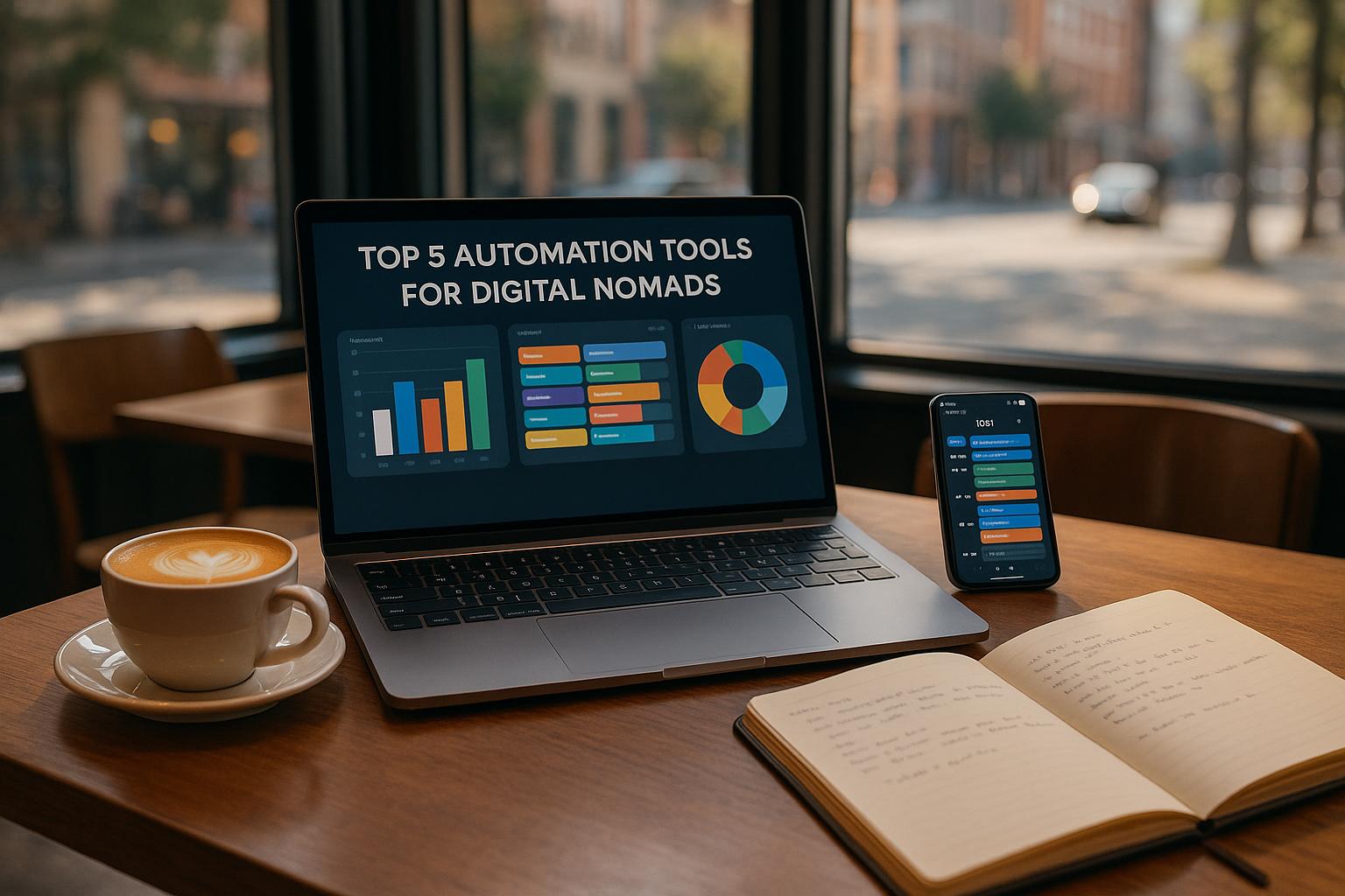 Business automation tools, digital nomad workspace with laptop, smartphone, coffee, and notebook at a cozy cafe, emphasizing remote work and productivity.