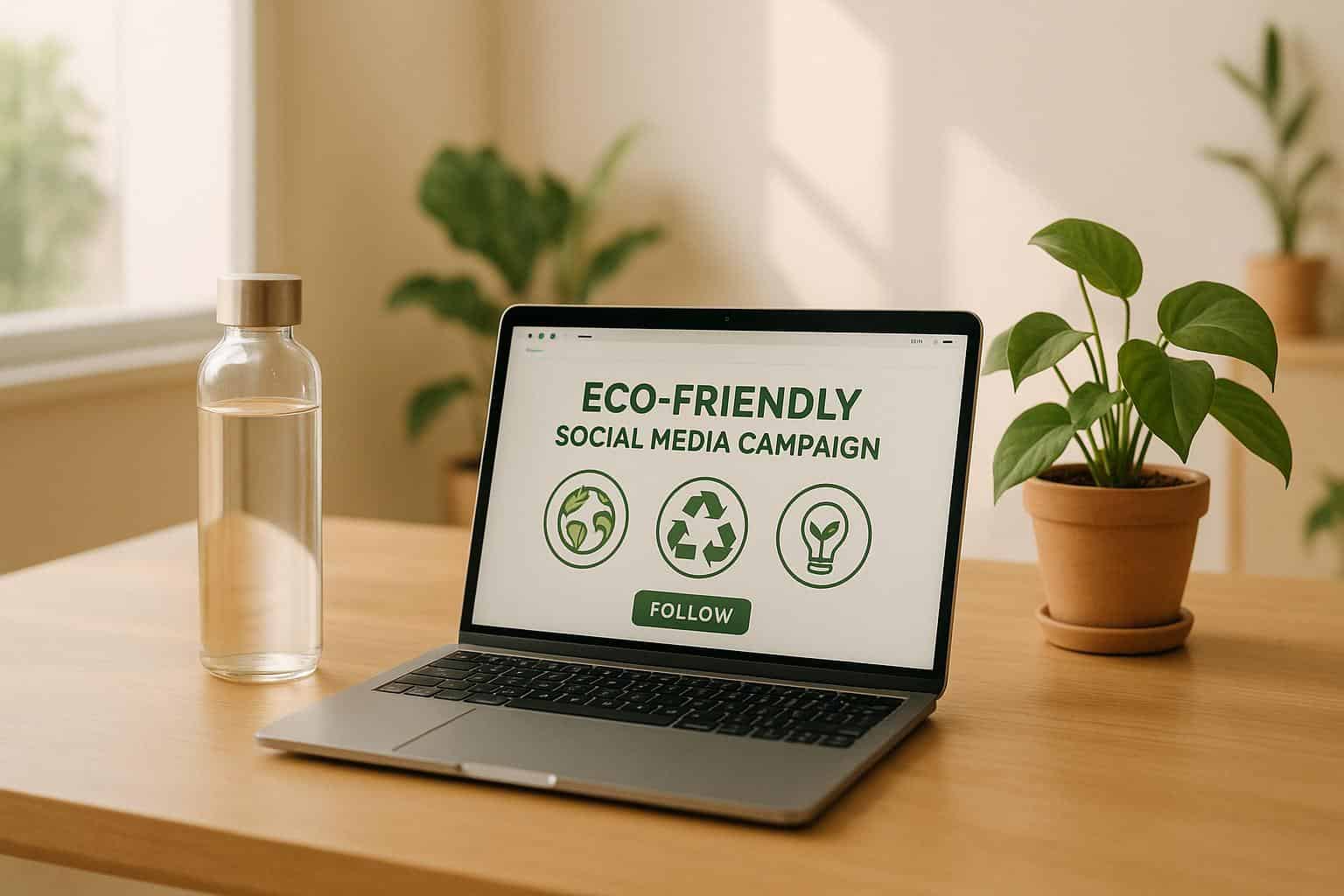 Eco-friendly social media campaign promotion on laptop screen, sustainable marketing with green icons and follow button, environment-conscious digital branding, Business Anywhere.