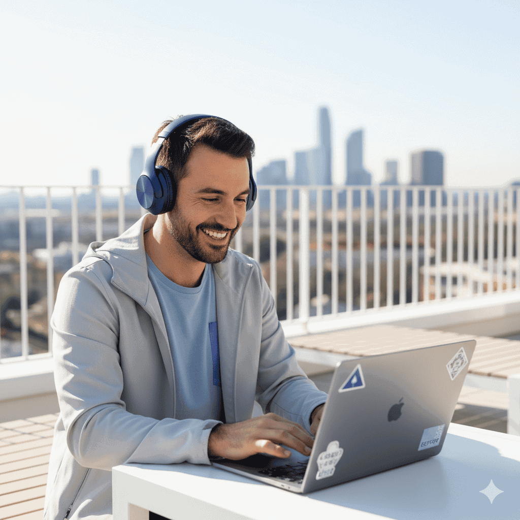 Remote work productivity, man wearing headphones using laptop outdoors, businessAnywhere branding, skyline background, flexible work, digital nomad, online business, remote work technology, modern work lifestyle, mobile working solutions.