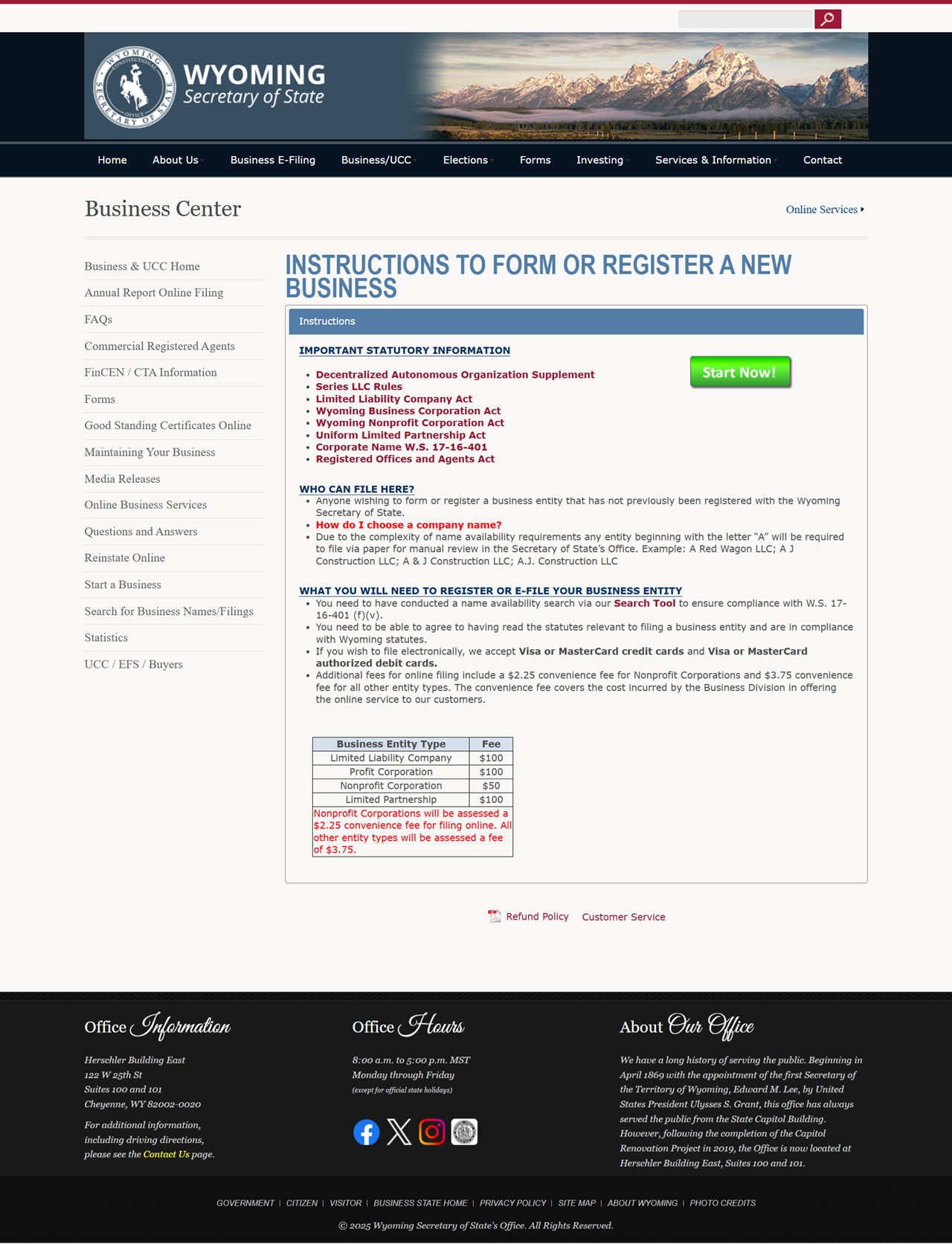 Screenshot of the Wyoming Secretary of State site - How to start an LLC in Wyoming