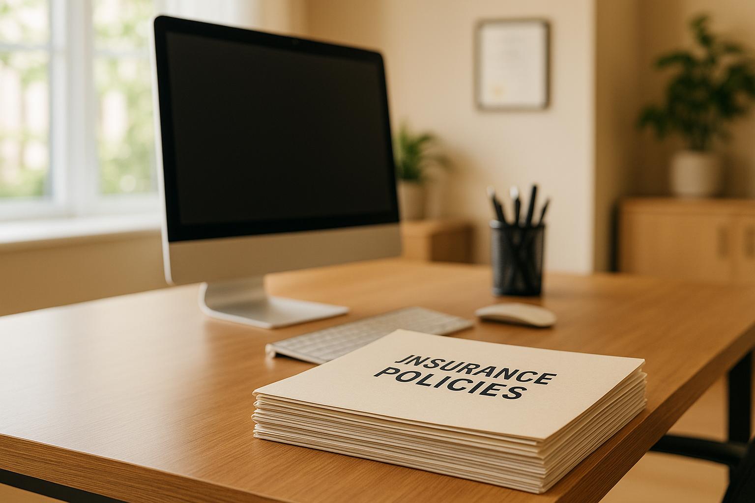 Insurance Policies document on a wooden desk near computer monitor and office supplies for business insurance and risk management.