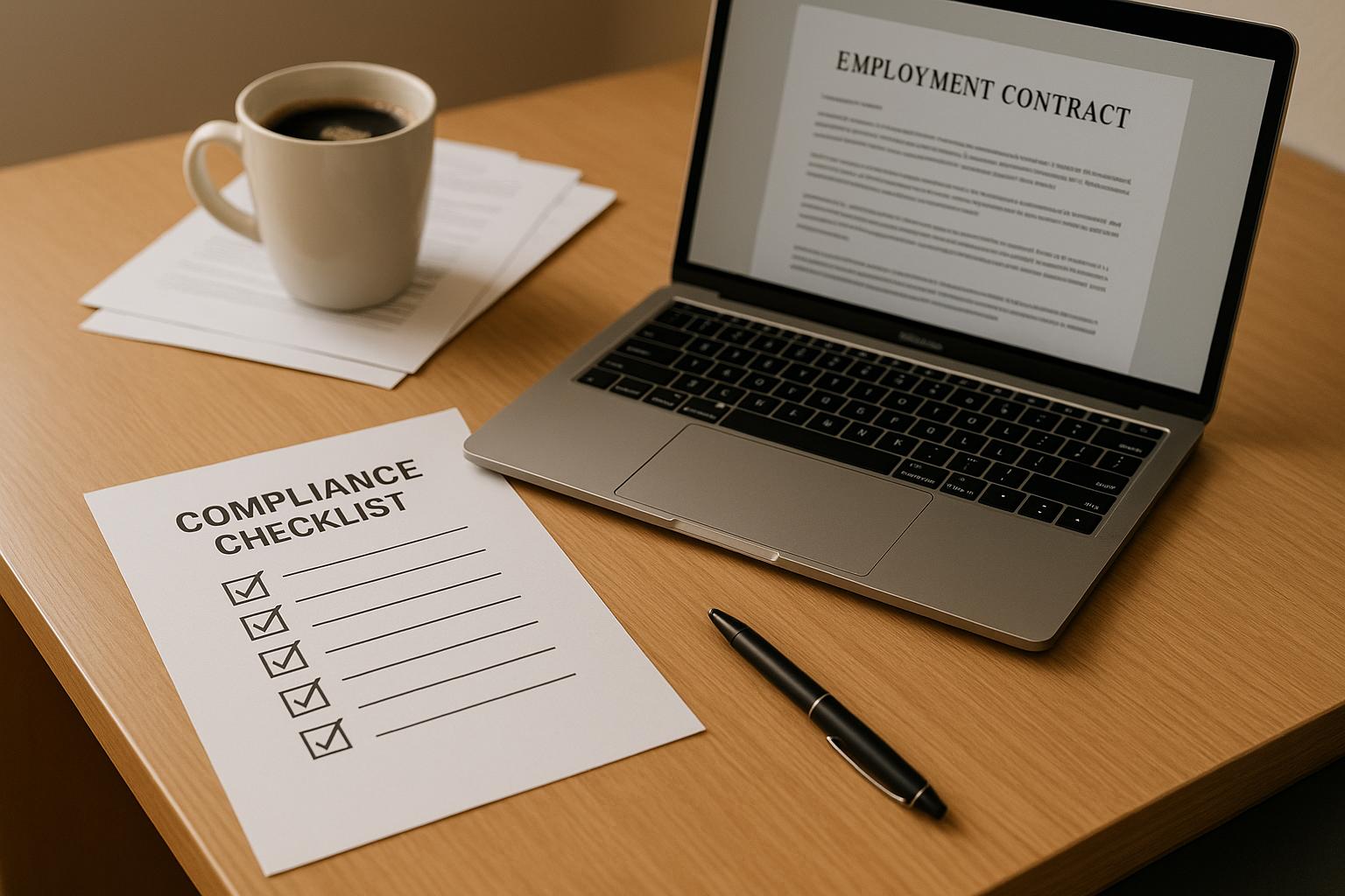 Laptop displaying employment contract, compliance checklist on wooden desk with coffee mug, pen, and documents, representing remote work, HR compliance, employment agreements, and business management.