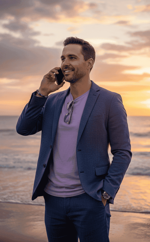 Flexible professional working remotely at the beach, representing business anywhere lifestyle and mobile work solutions for entrepreneurs and digital nomads.
