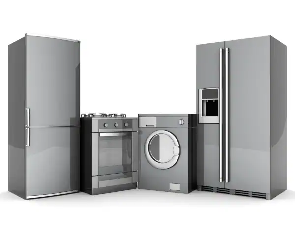 Refrigerator, washing machine, and oven in modern kitchen setting, showcasing appliance installation and interior design.