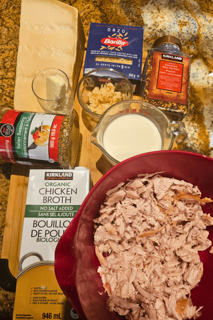 Delicious creamy chicken orzo with garlic and Parmesan cheese, perfect for comforting meals.