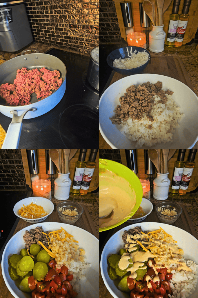 Easy Big Mac Rice Bowls with ground beef, pickles, and cheese.