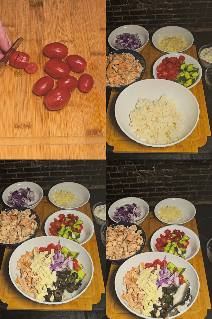 Fresh cherry tomatoes on a cutting board for Greek Chicken Rice Bowls.