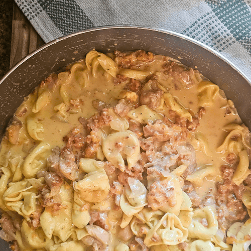 One Pan Chicken Bacon Tortellini in creamy sauce.
