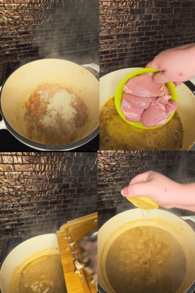 Cooking lemon chicken orzo soup step-by-step in a pot.