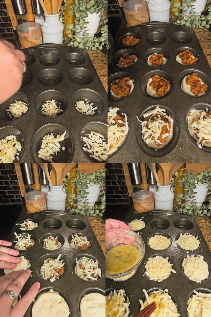 Making Sloppy Joe muffins in a muffin tin with cheese and meat filling.
