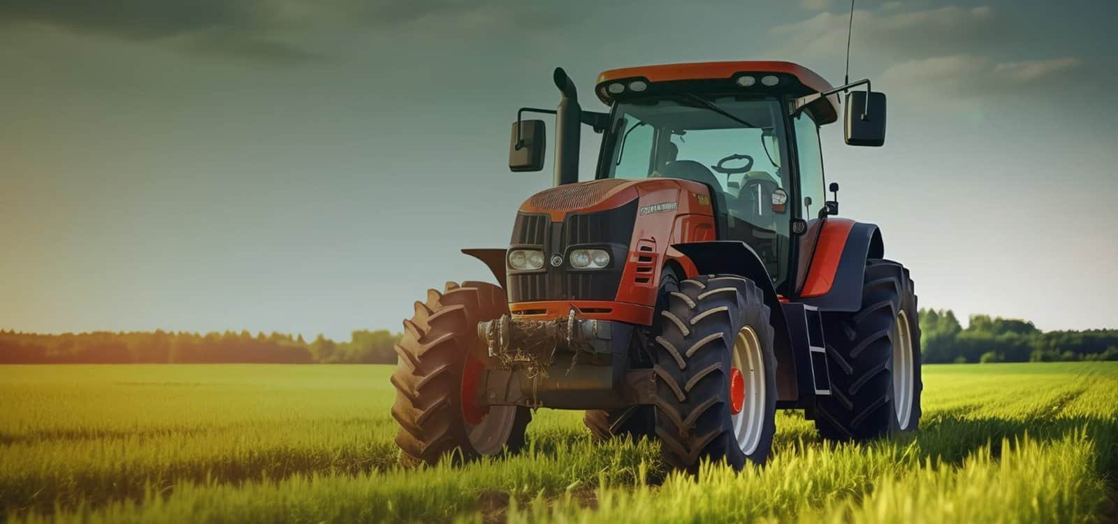 Tractor on lush green farmland at Corn And Goose Farms, showcasing modern agriculture.