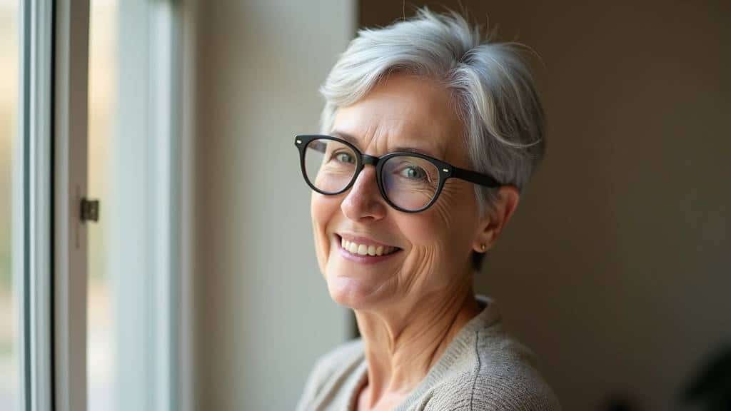 Coupe de cheveux courts pour femme de 70 ans avec des lunettes
