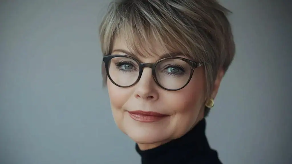 Coupe de cheveux pixie pour femme de 70 ans avec des lunettes