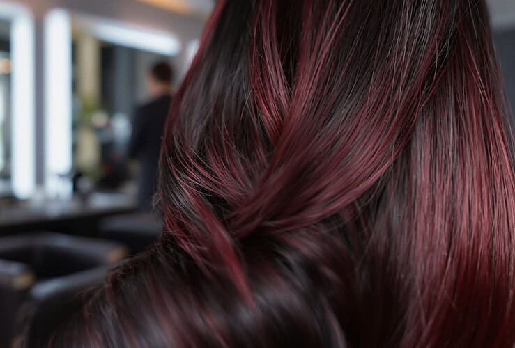 Mèches rouges sur cheveux noirs