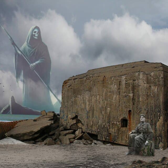 Overnaturlig skikkelse på stranden med ruin og historisk person under truende himmel.