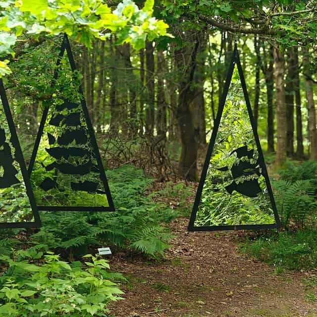 Udendørs kunstinstallation i skov med tre store, sorte metalrammer.