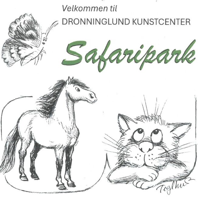 Dronninglund Kunstcenter SafariPark logo med tegninger af en sommerfugl, hest og kat.