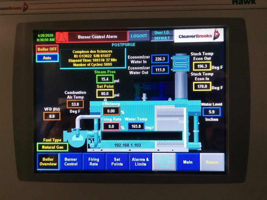 Écran de contrôle numérique CleaverBrooks HAWK affichant les paramètres de fonctionnement d'une chaudière à gaz naturel, incluant la pression de vapeur (15,4 psi), la température d'eau (165,8°F), et les températures d’entrée/sortie de l’économiseur.