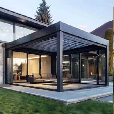 Modern aluminium pergola with a sleek black frame, designed for outdoor living and garden shade solutions. The pergola features adjustable slats for controlling sunlight and weather protection, making it ideal for maintaining outdoor comfort and enhancing garden aesthetics. Perfect for long-lasting outdoor structures, pergola maintenance, and garden protection