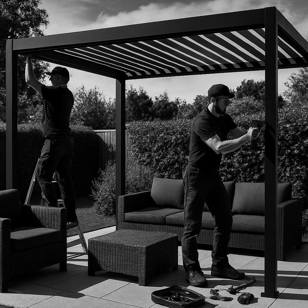 Professional installation team assembling a modern pergola structure with outdoor furniture underneath, demonstrating expert pergola assembly and installation services in a garden setting