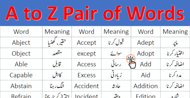 A to Z Pair of Words with Urdu Meanings PDF learn 501 pair of words for class 9th, 10, 2nd year with their meanings in Urdu these words are also called homophones and confusing words in English. Pair of words are categorized in English vocabulary they are important in many ways especially for preparation of various exams for example competitive exams like C.S.S, PMS, PPSC, FPSC, NTS, OTS, UPSC, and other exams as well for improving English vocabulary skills.