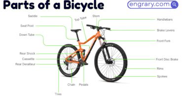 Bicycle parts names with functions and labeled diagram showing frame, wheel, drivetrain, brake, and steering components