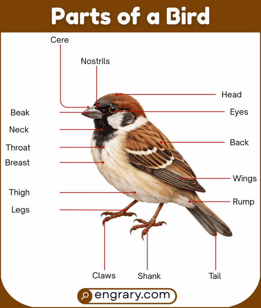 bird parts names list with pictures including head, beak, crown, eye, wing, tail, feathers, tarsus, toes, and claws
