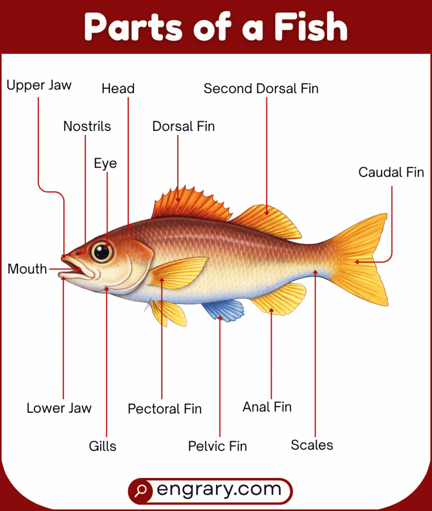 Complete list of fish parts with names and labeled body diagram