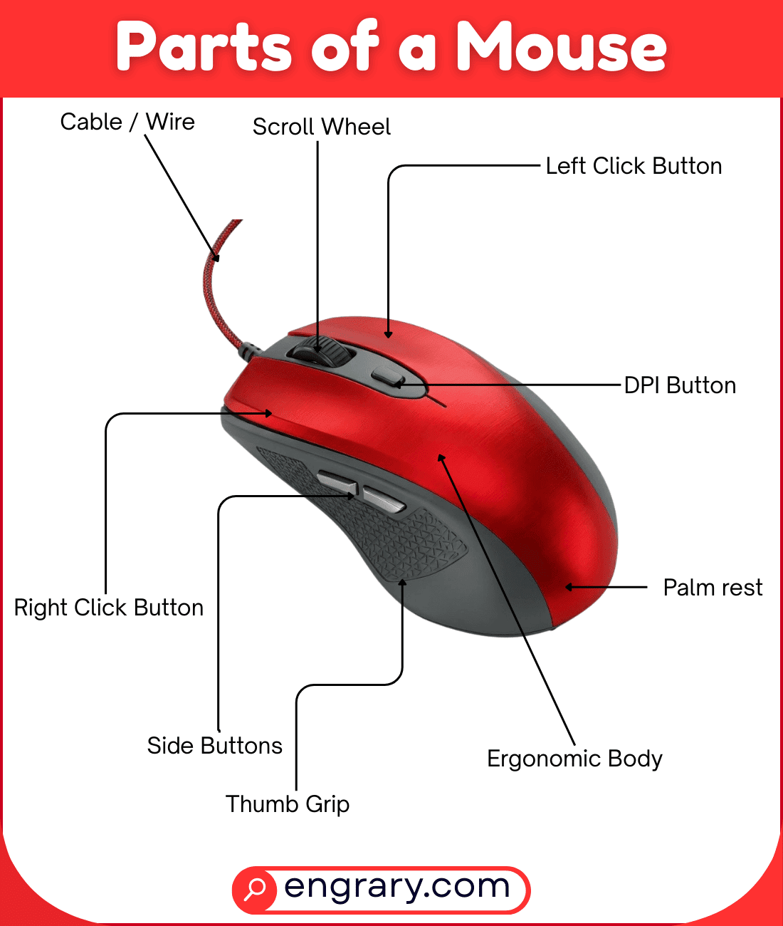 Complete list of mouse parts with pictures showing 30 plus mouse names including buttons, side features, bottom parts, and connection hardware