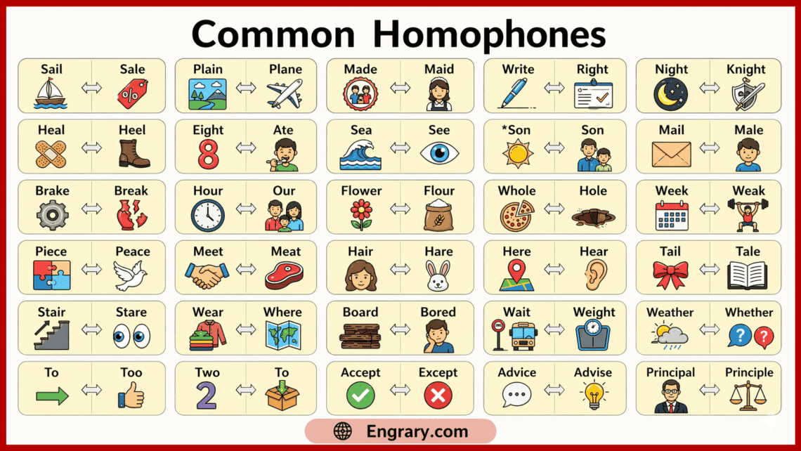 100 examples of homophones in English with sentences, including common pairs like there and their, right and write, and sea and see