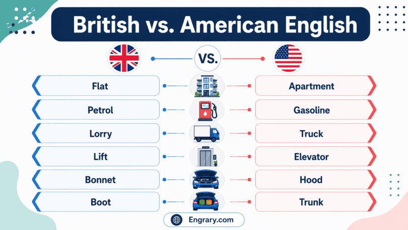 British and American English words list with examples for students and English learners
