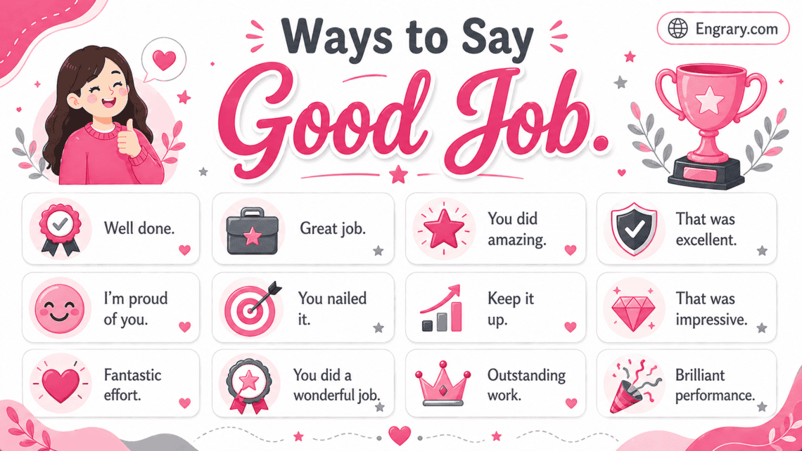 98 other ways to say good job in English with simple praise phrases for work, school, effort, progress, and daily use.