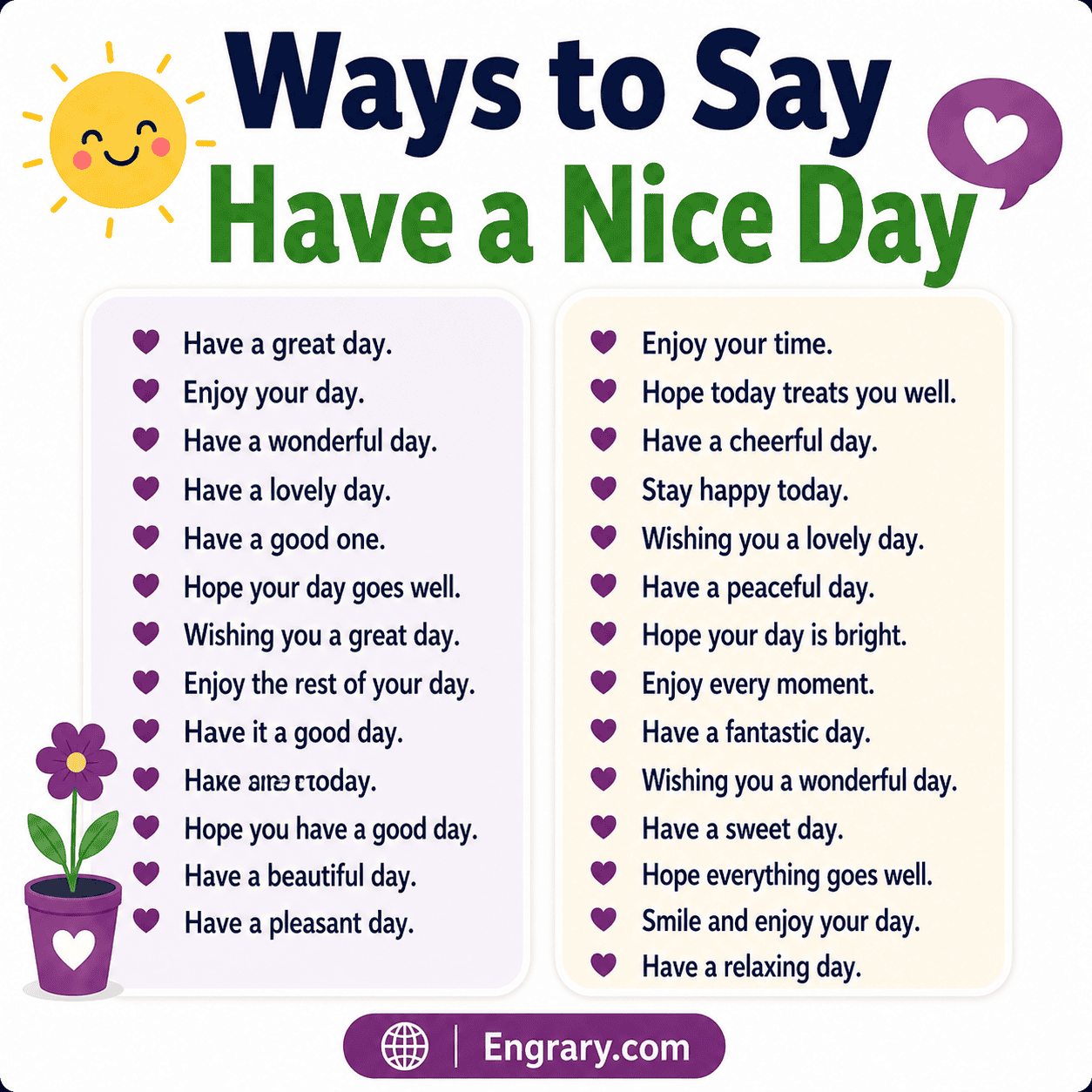 Good-day wishes for work, texts, and daily goodbyes with polite, friendly, professional, and caring phrases in English.