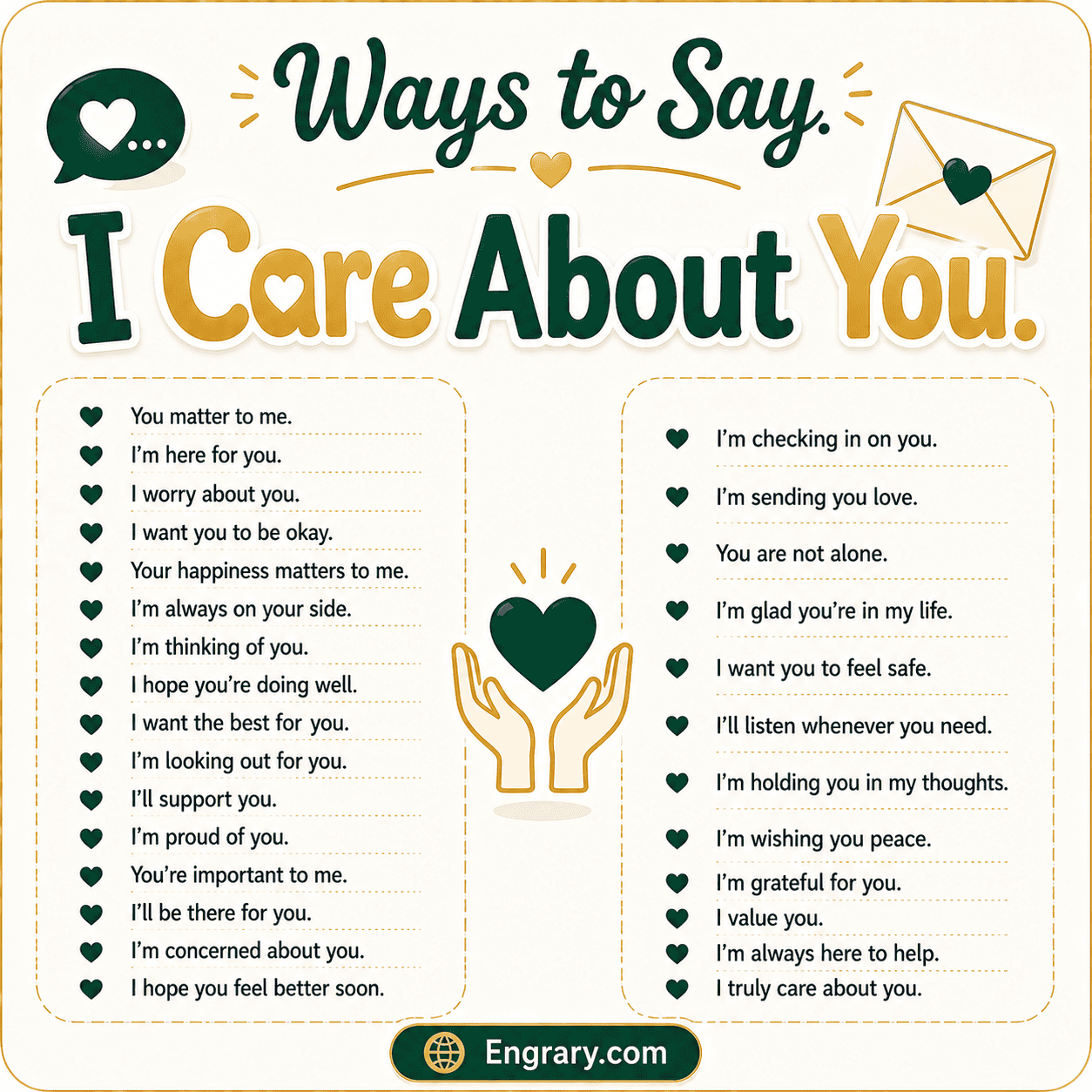 Ways to say I care about you in English with sweet, friendly, romantic, and supportive caring phrases.
