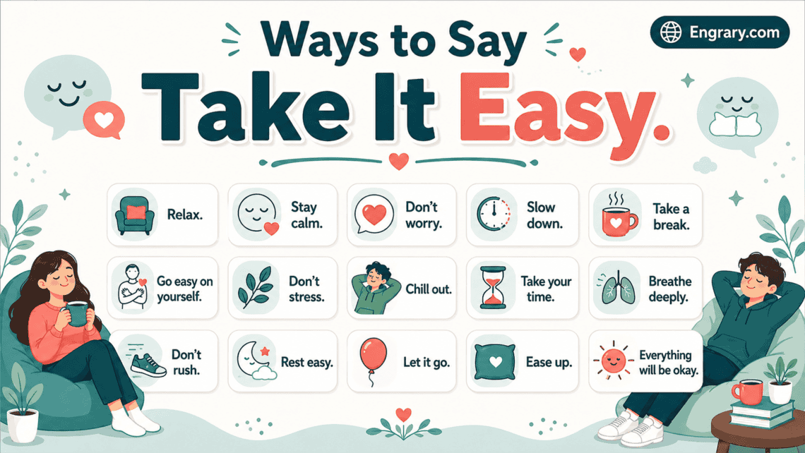 Take it easy alternatives for relaxing and slowing down in English with gentle phrases for rest, stress relief, self-care, and calm support.