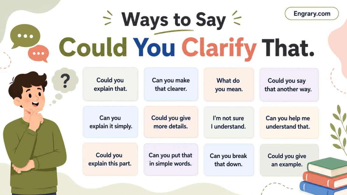Other ways to say “Could you clarify that?” in English with polite, professional, email, meeting, text, explanation, and confirmation phrases.