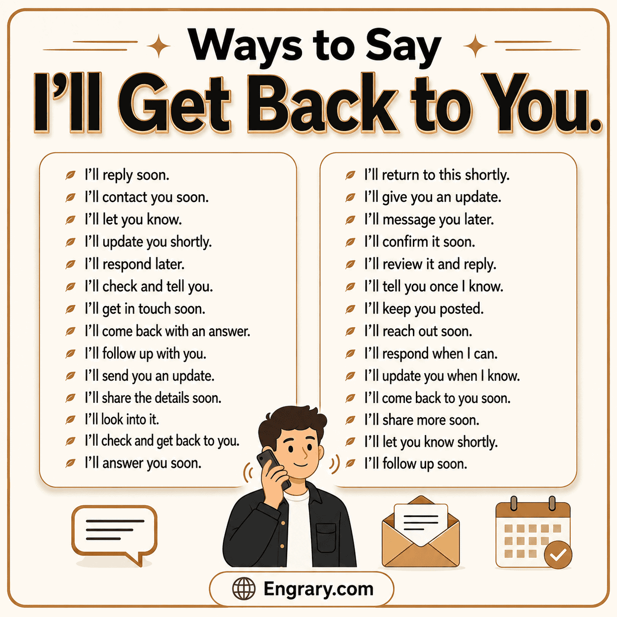 How to say “I’ll get back to you” in an email in English with professional phrases for follow-ups, updates, checking details, timelines, and client replies.