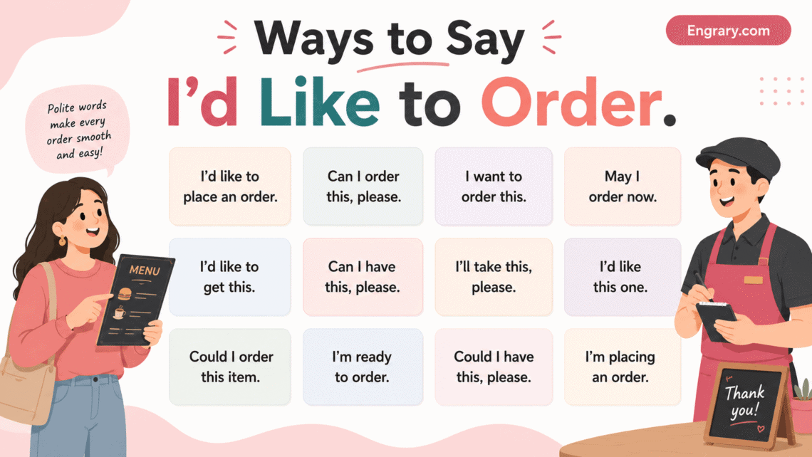 Other ways to say “I’d like to order” in English with polite restaurant phrases, café orders, takeout, delivery, room service, and custom food requests.