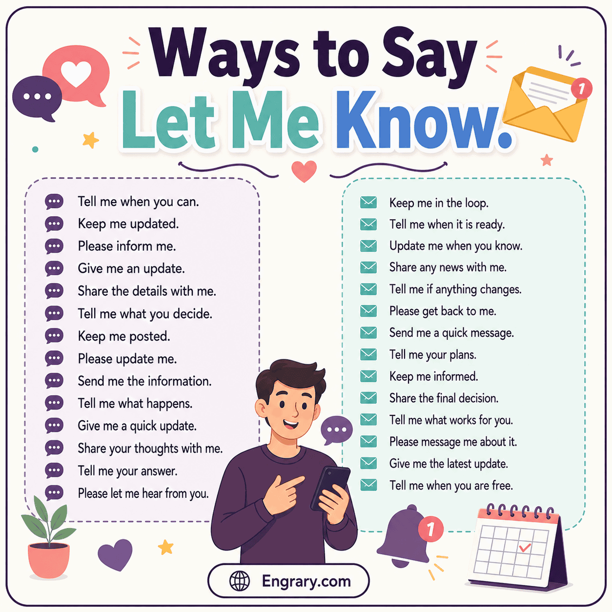 How to say “let me know” in an email in English with professional phrases for updates, feedback, confirmation, availability, next steps, and questions.