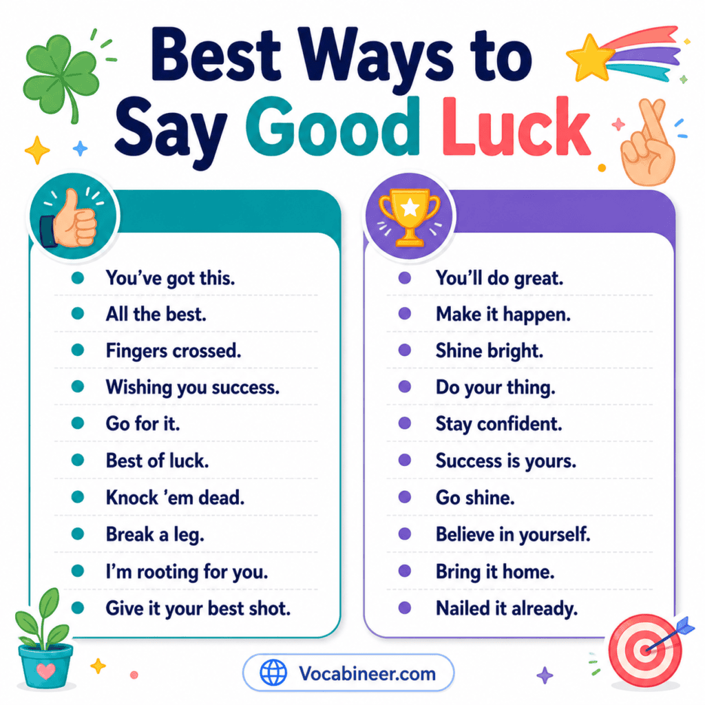 Good luck synonyms and best wishes in English with phrases for exams, interviews, work, travel, performances, and new beginnings.