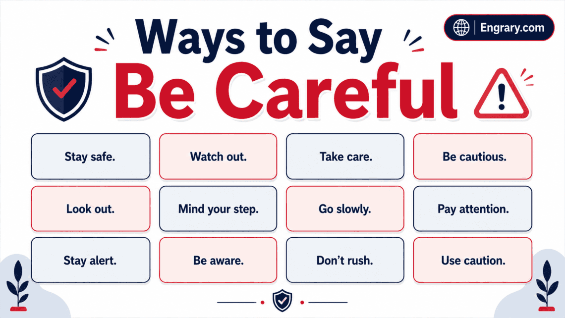 80 polite and natural ways to say be careful in English with safety phrases for work, kids, travel, driving, and everyday warnings.